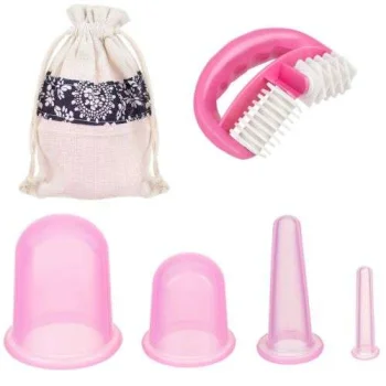 Silicone Vacuum Suction Body Face Massage Cups 4 pcs + Manual Anti Cellulite Massage Roller, Different Colors