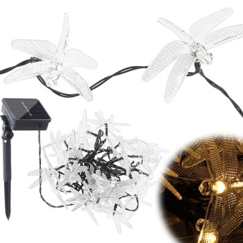 Solar Powered Dragonfly Garden String Lights 6.5m 30 LED, Warm White