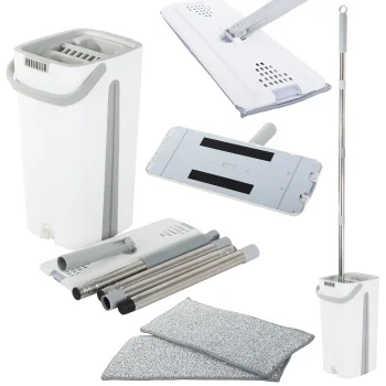 Flat Mop with Dual-Chamber Bucket and Squeezer, White/Grey