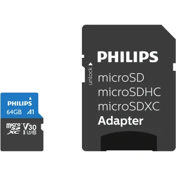 Philips 64GB MicroSDXC Memory Card Class 10 UHS-I U3 V30 A1 with Adapter