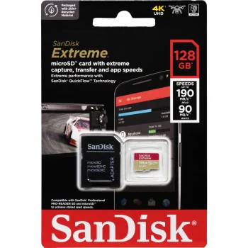 SanDisk Extreme microSDXC Memory Card 128GB UHS-I U3 V30 A2 with Adapter