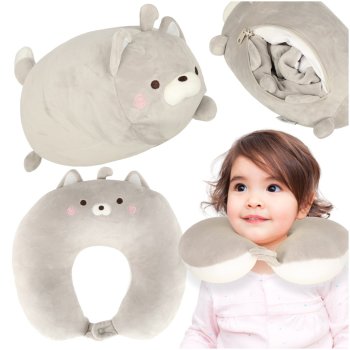 Kids 2-in-1 Travel Neck Pillow and Convertible Cat Stuffed Animal, Grey