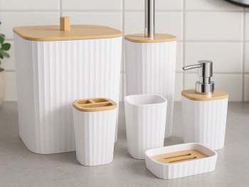 Bathroom Accessory Set, 6 Pieces, White/Bamboo