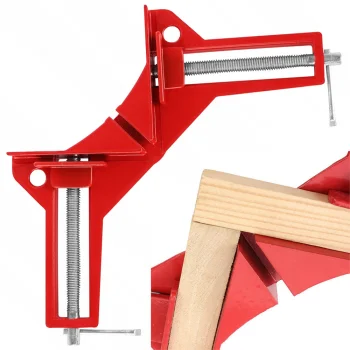 Corner woodworking clamp with metal jaws, 75 mm, red