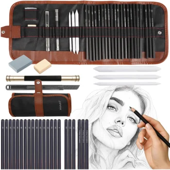 Maaleo 29-Piece Sketching and Drawing Set with Accessories in Roll-up Case