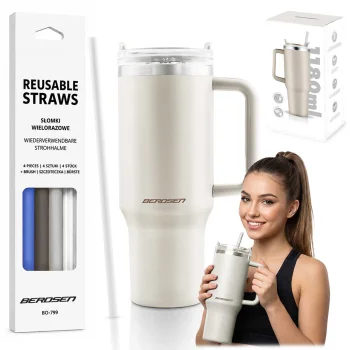 Berdsen Vacuum Thermos Mug with Straw Set, 1180 ml, Cream