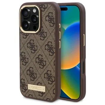 Apple iPhone 16 Pro 6.3'' Guess 4G Logo Plate Magsafe Case Cover, Brown
