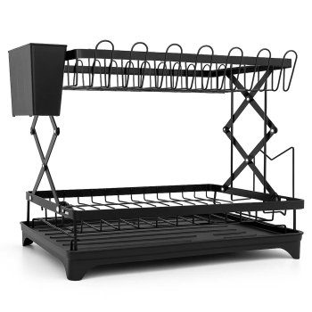 Foldable 2-Tier Dish Drying Rack XL, Large Capacity Drainer with Utensil Holder