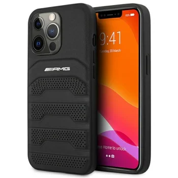 AMG Debossed Lines iPhone 14 Pro Genuine Leather Case, Black