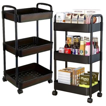 Three Level Storage Trolley on Wheels, Rolling Cart Organizer Shelf, Black