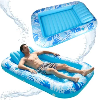 Inflatable Pool Lounger with Headrest Pillow, Water Float for Adults, blue
