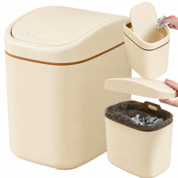 Mini Desktop Trash Can with Swing Lid, 2L, Cream