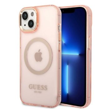 Apple iPhone 14 6.1'' Guess Gold Outline Translucent MagSafe Case Cover (GUHMP14SHTCMP), Pink