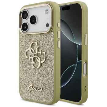 Guess Fixed Glitter Big 4G Metal Frame Case for iPhone 17 Pro, Gold