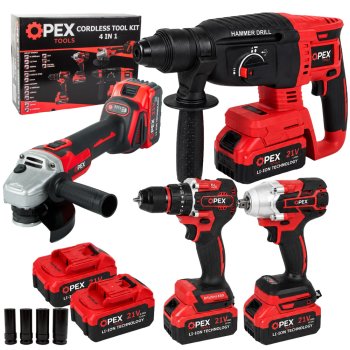 OPEX TOOLS OPX28007 4-in-1 Cordless Power Tool Kit (21V, 2x 3.0Ah)