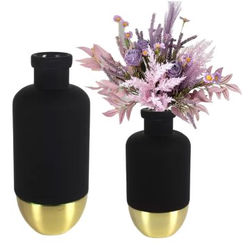 Smooth Matte Glass and Metal Flower Vase, Black and Gold, 31 cm