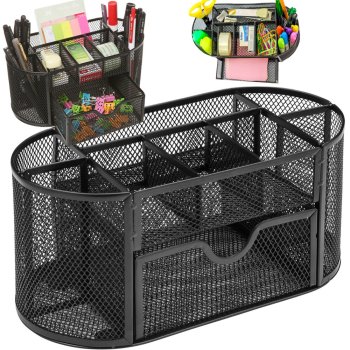 Metal Mesh Desk Organizer with Drawer for Office Supplies, Black