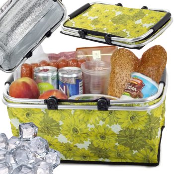 Foldable insulated picnic basket for shopping, green with floral pattern