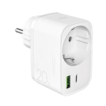 Puro 20W Power Delivery Charger with Schuko Socket, 1x USB-C + 1x USB-A - White