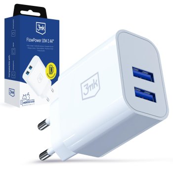 3Mk Protection FlowPower 10W 2.4A Wall Charger, 2x USB-A, White