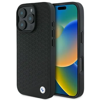 BMW iPhone 16 Pro Max Case Signature Leather Diamond Metal Logo MagSafe, Black