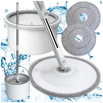 360° Spin Mop Set with Dual-Chamber Bucket and 2 Microfiber Pads, White