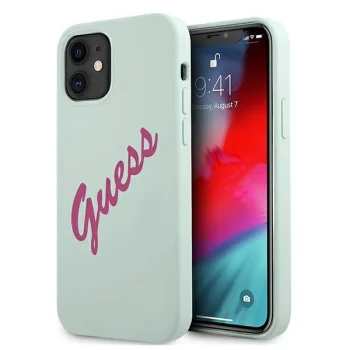 Guess iPhone 12 mini Case Silicone Vintage Script, Fuchsia Blue