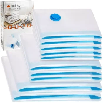 Vacuum Storage Bags for Clothes, 10-Pack, 4 Sizes, Transparent / Blue
