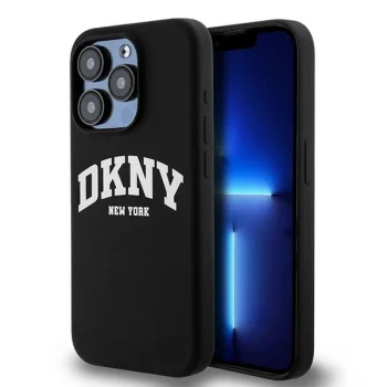 DKNY iPhone 14 Pro Case Liquid Silicone White Printed Logo MagSafe, Black