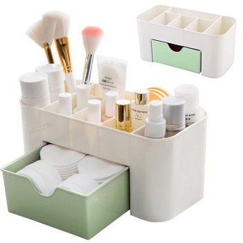 Makeup Organizer for Cosmetics and Jewelry with Drawer and Brush Holder, Green