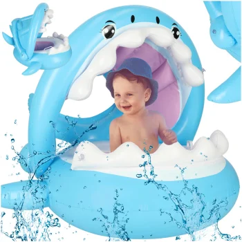 Shark Baby Pool Float with Sun Canopy Inflatable Swim Ring with Seat for Kids 23kg