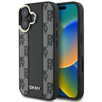 DKNY iPhone 16 Case Leather Checkered Mono Pattern MagSafe, Black