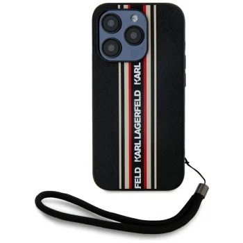 Karl Lagerfeld Saffiano Athleisure Stripes Cord iPhone 15 Pro dėklas su virvele, raudonas