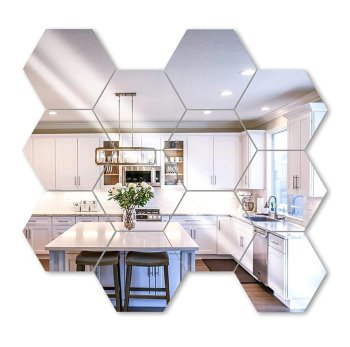 Hexagon Mirror Wall Stickers 12 pcs, Self Adhesive Acrylic Decor, Silver