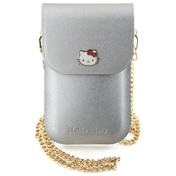 Hello Kitty Leather Metal Logo Chain Smartphone Bag, Silver