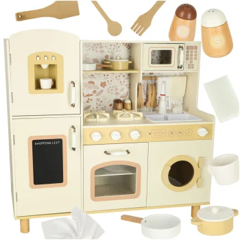 Kids Wooden Play Kitchen with Sound, Light and Water Faucet, 90 cm, Beige