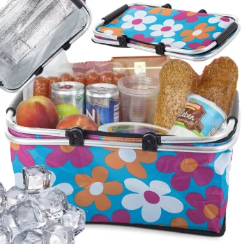 Collapsible Thermal Picnic Basket, Blue with Floral Pattern, 48x28x22 cm