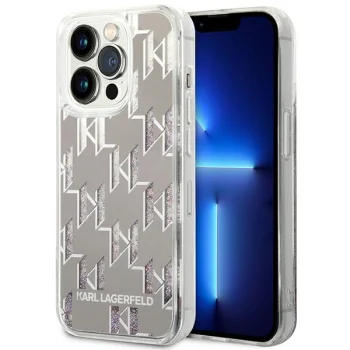 Karl Lagerfeld Liquid Glitter Monogram Case for iPhone 14 Pro, Silver