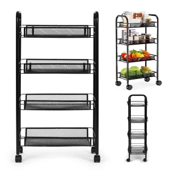 ModernHome PJJKT0103-04 Mobile Metal Shelving Unit with 4 Baskets and Wheels, Black