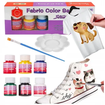 Ikonka Fabric Paint Set (6 x 25ml) with Brush and Palette