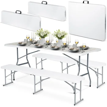 Plonos 440300 Folding Garden Furniture Set, Table and 2 Benches, 180 cm, White