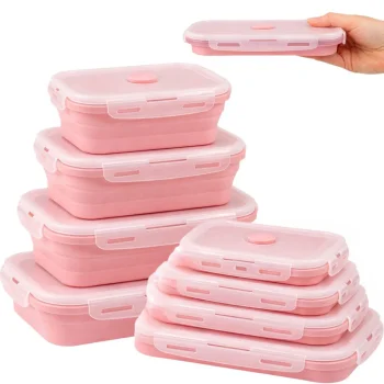 Collapsible Silicone Food Containers, 4 Pcs, Clip-Lock Lunch Boxes, Pink
