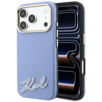 Karl Lagerfeld Grained with Resin Logo MagSafe Case for iPhone 18 Pro Max / 17 Pro Max, Light Blue