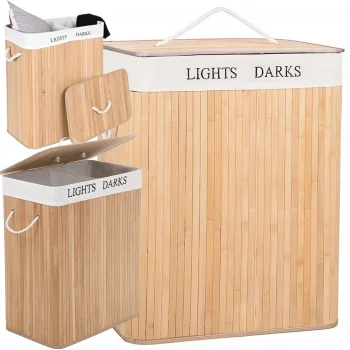 Bamboo Laundry Basket 2-Compartment Organizer with Lid