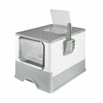 Enclosed Cat Litter Box with Pull Out Drawer and Top Entry Exit, Gray White