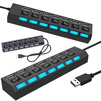USB šakotuvas 7x USB 2.0 su atskirais jungikliais, juodas