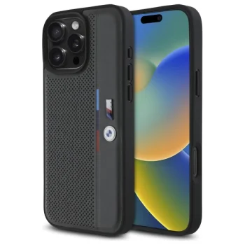 BMW iPhone 16 Pro Max Case M Perforated Tricolor Detail Line, Dark Gray