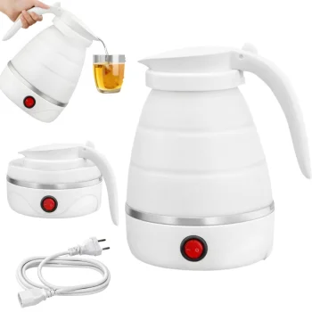 Collapsible Electric Travel Kettle, Silicone, 0.6L, 600–800W, White