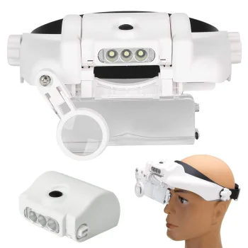 Headband Magnifier with 3 LED Lights and Interchangeable Lenses, 1.5x - 11.5x, Black/White