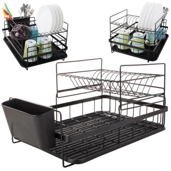 Two-Tier Dish Drainer with Tray, Black